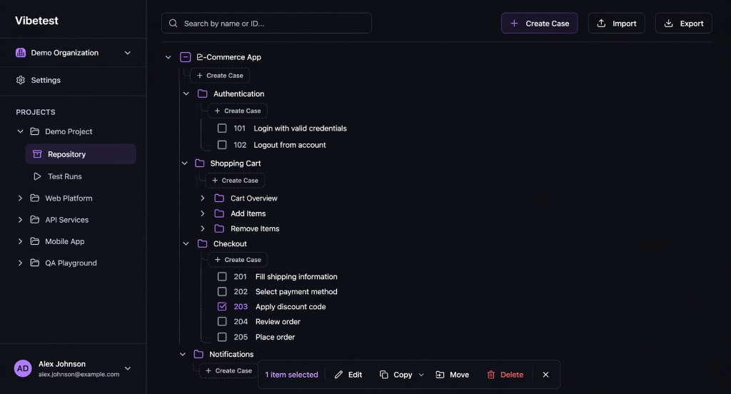 VibeTest repository with test cases organized in folders for collaborative testing