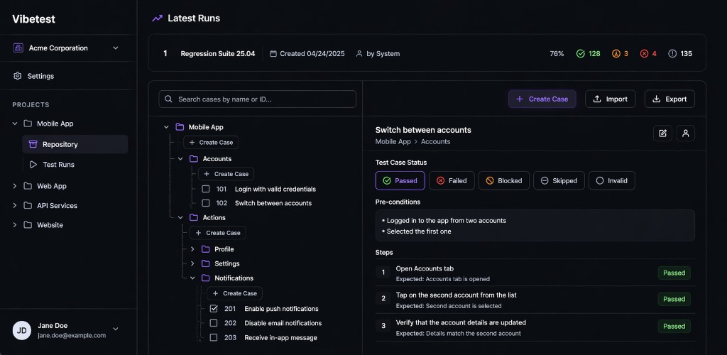 VibeTest interface with projects, test cases, and run progress
